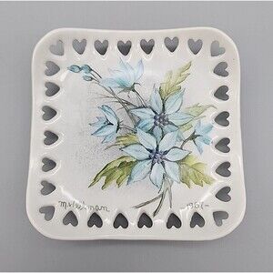 VTG Hand Painted Blue Floral Porcelain Square Dish Heart Cutouts 1967 Original
